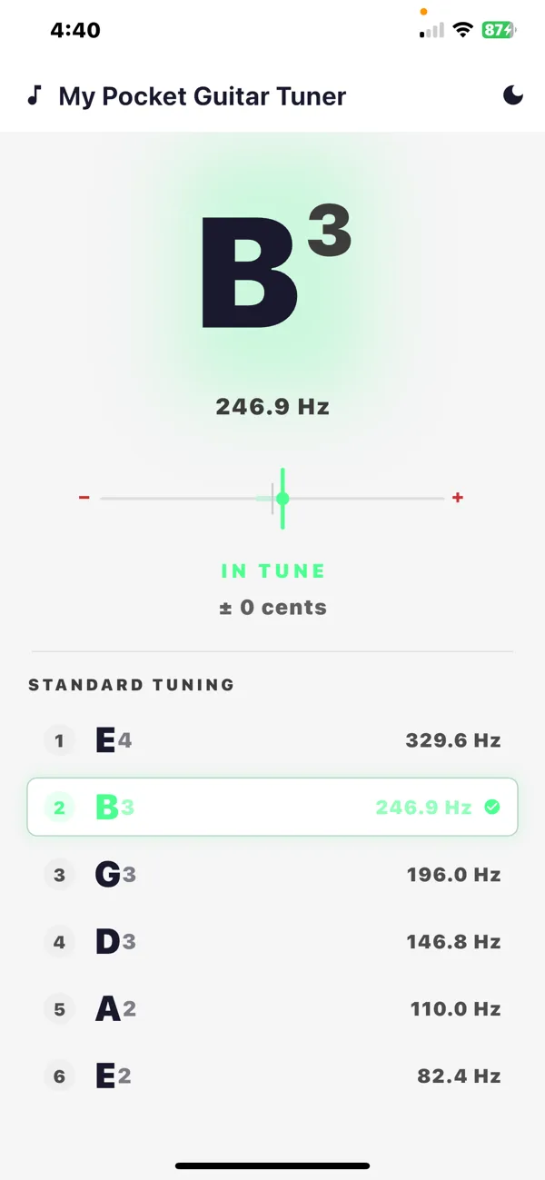 My Pocket Guitar Tuner showing a note in tune
