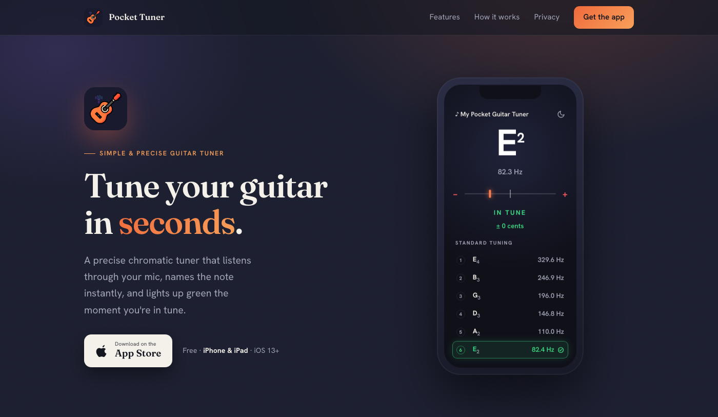 My Pocket Guitar Tuner landing page screenshot
