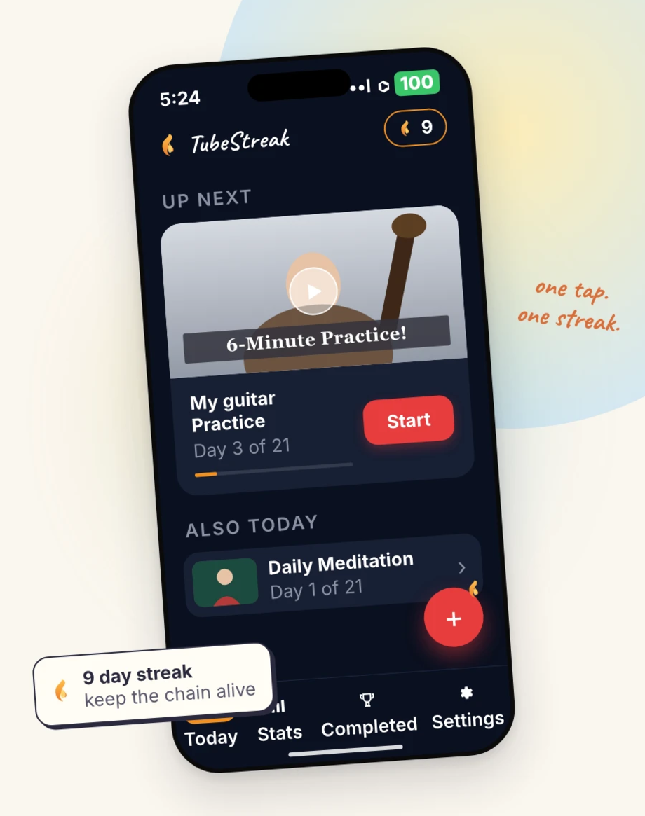 TubeStreak on iPhone, showing a nine-day streak and the next workout queued up