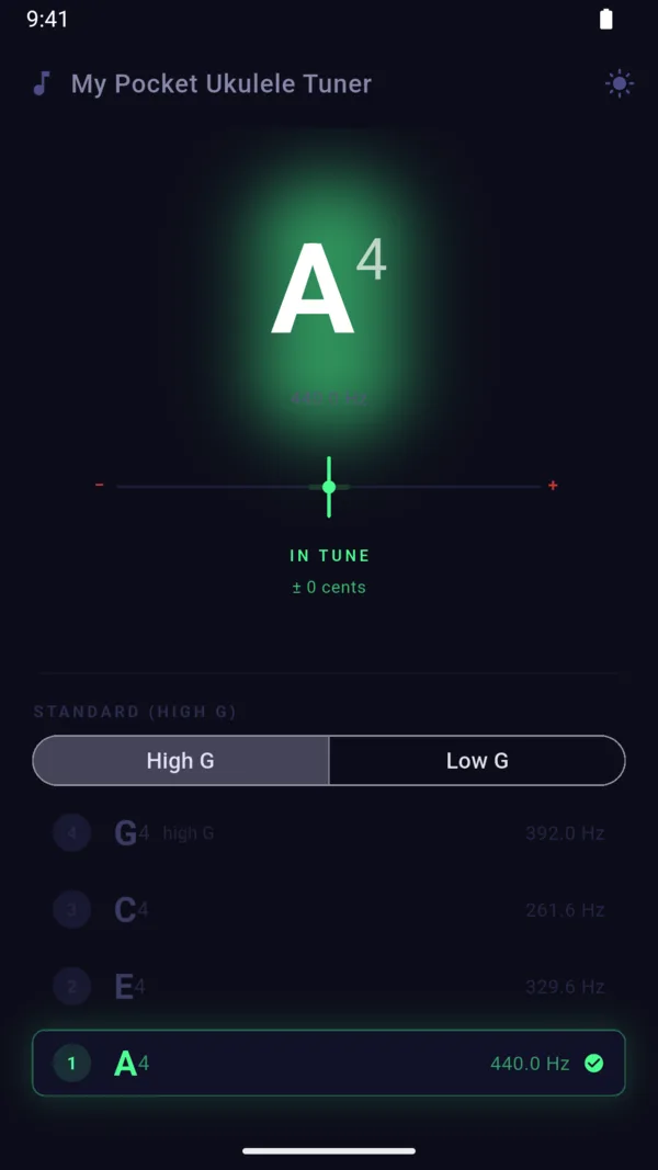 My Pocket Ukulele Tuner showing the A string in tune